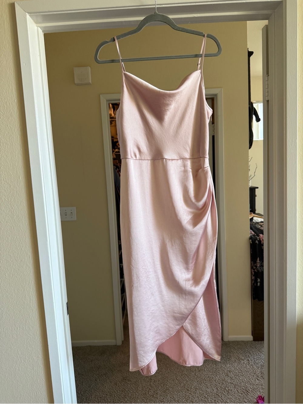 Open Edit Satin Blush Pink Midi Slip Dress with Cowl Neck